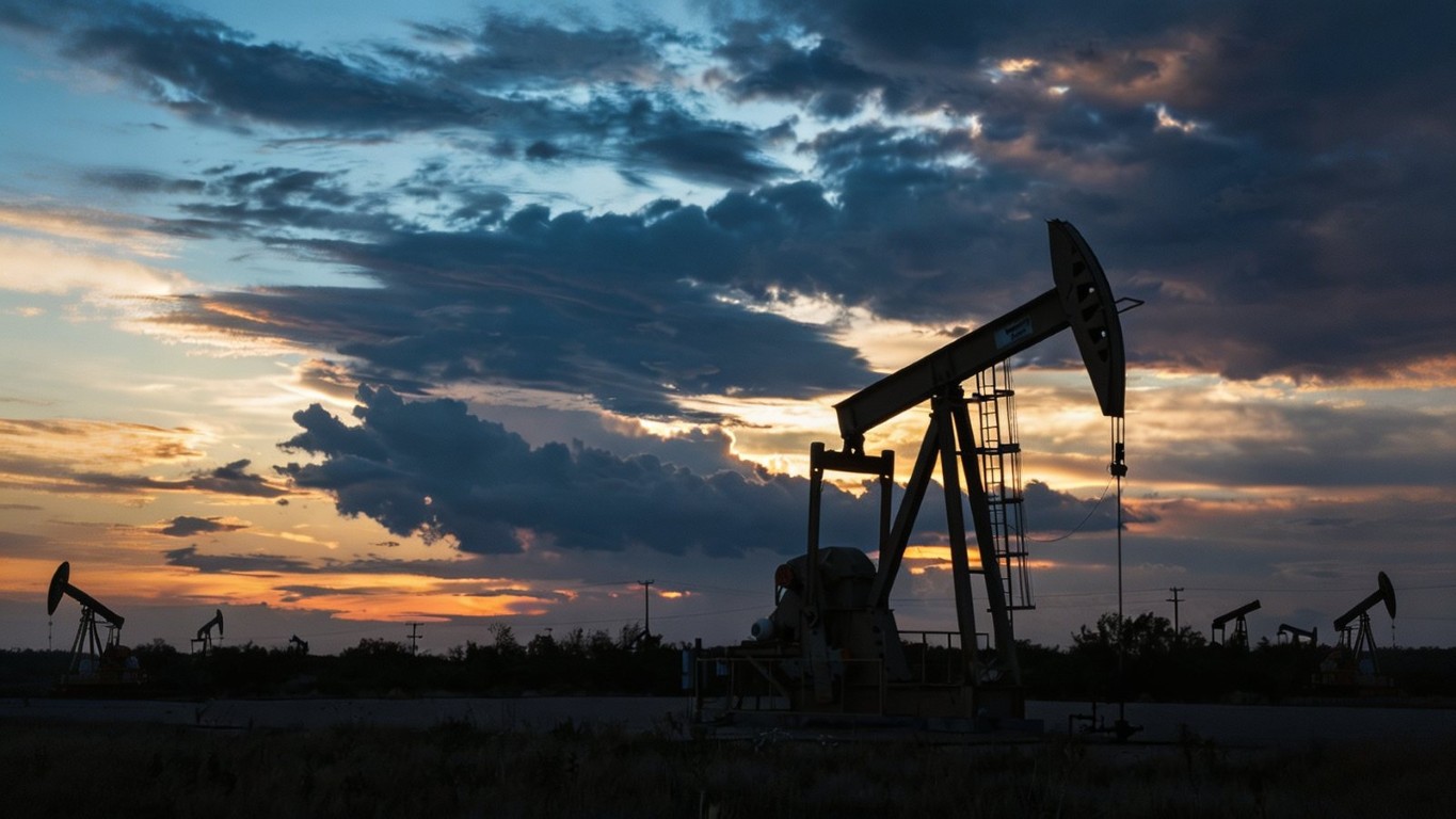 Oil pumpjacks silhouetted against a sunset sky